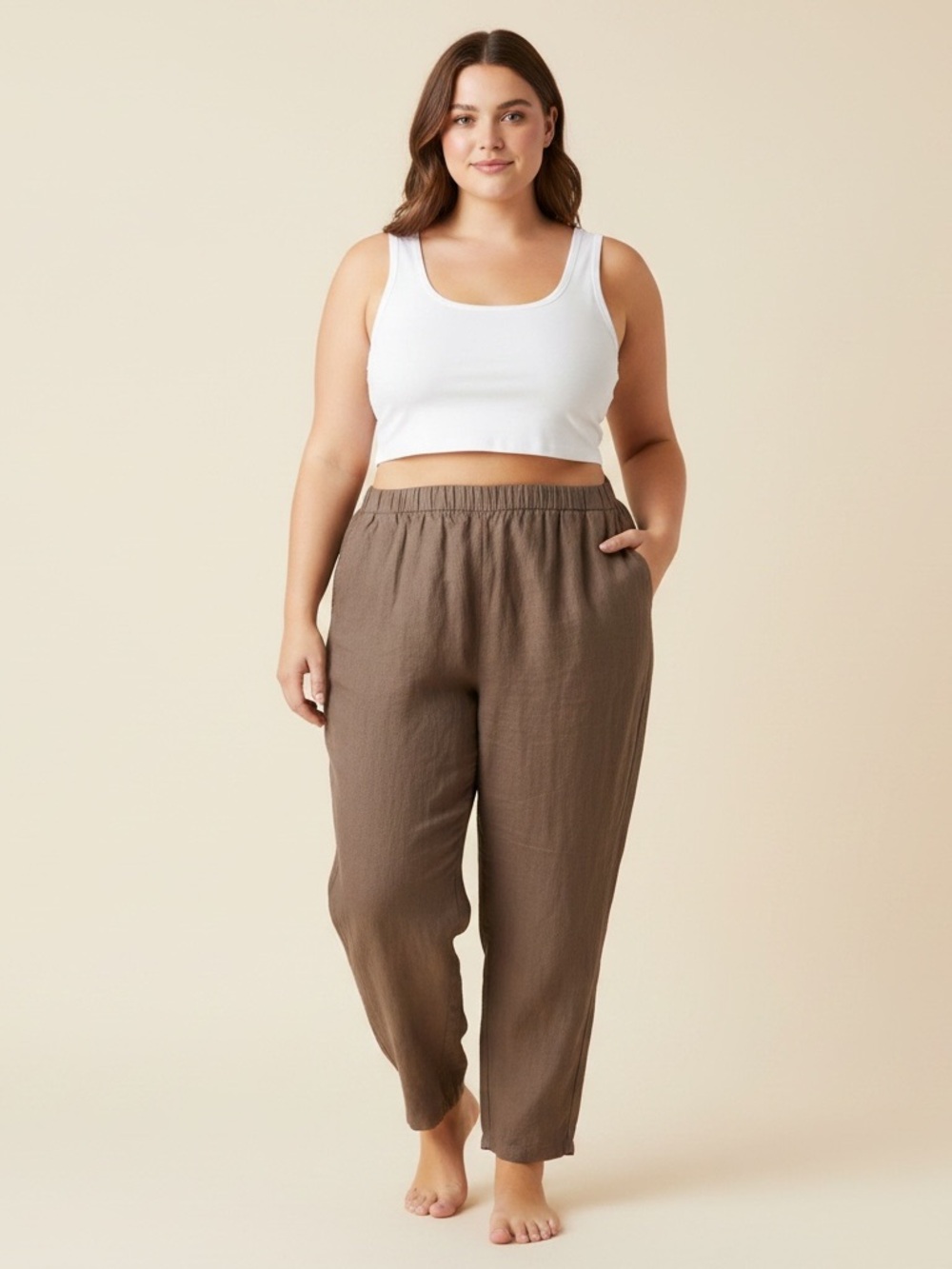 Eileen Fisher | 100% Organic Linen brown wide leg elastic waist easy pants 2X